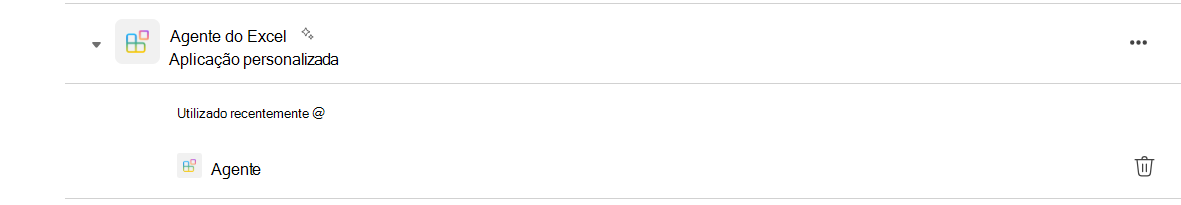 Captura de ecrã da linha da aplicação Agente do Excel na página aplicações do Teams. Existe um ícone de caixote do lixo no lado direito da linha.