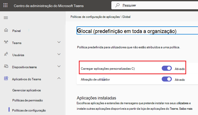 Captura de ecrã da política de configuração ao nível da organização com o botão de alternar 