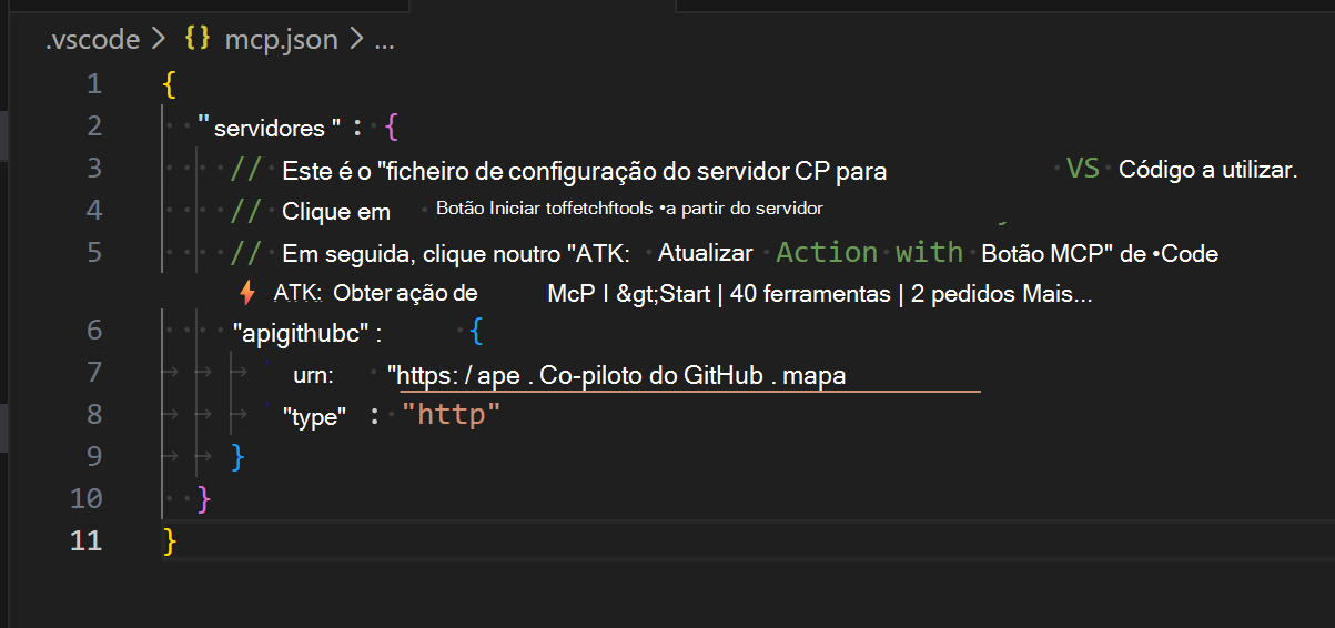 Uma captura de tela dos botões 'ATK: Fetch action from MCP' e 'Start' no mcp.json