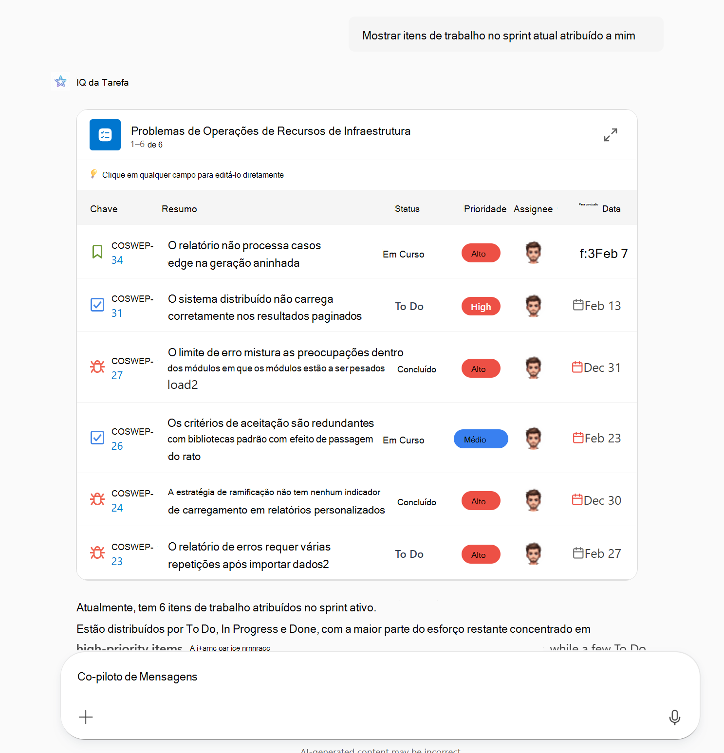 Uma captura de tela de um aplicativo MCP renderizando um widget de tarefas do Sprint embutido no Microsoft 365 Copilot