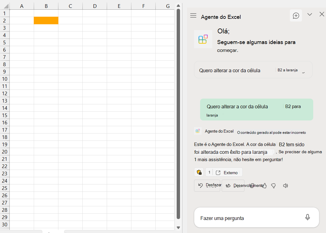 Uma captura de ecrã de um livro do Excel com a célula B2 cor de laranja. À direita, o agente do Excel no painel Copilot diz 