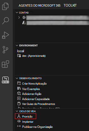 Uma captura de ecrã da opção Aprovisionar no painel Ciclo de Vida do Toolkit de Agentes