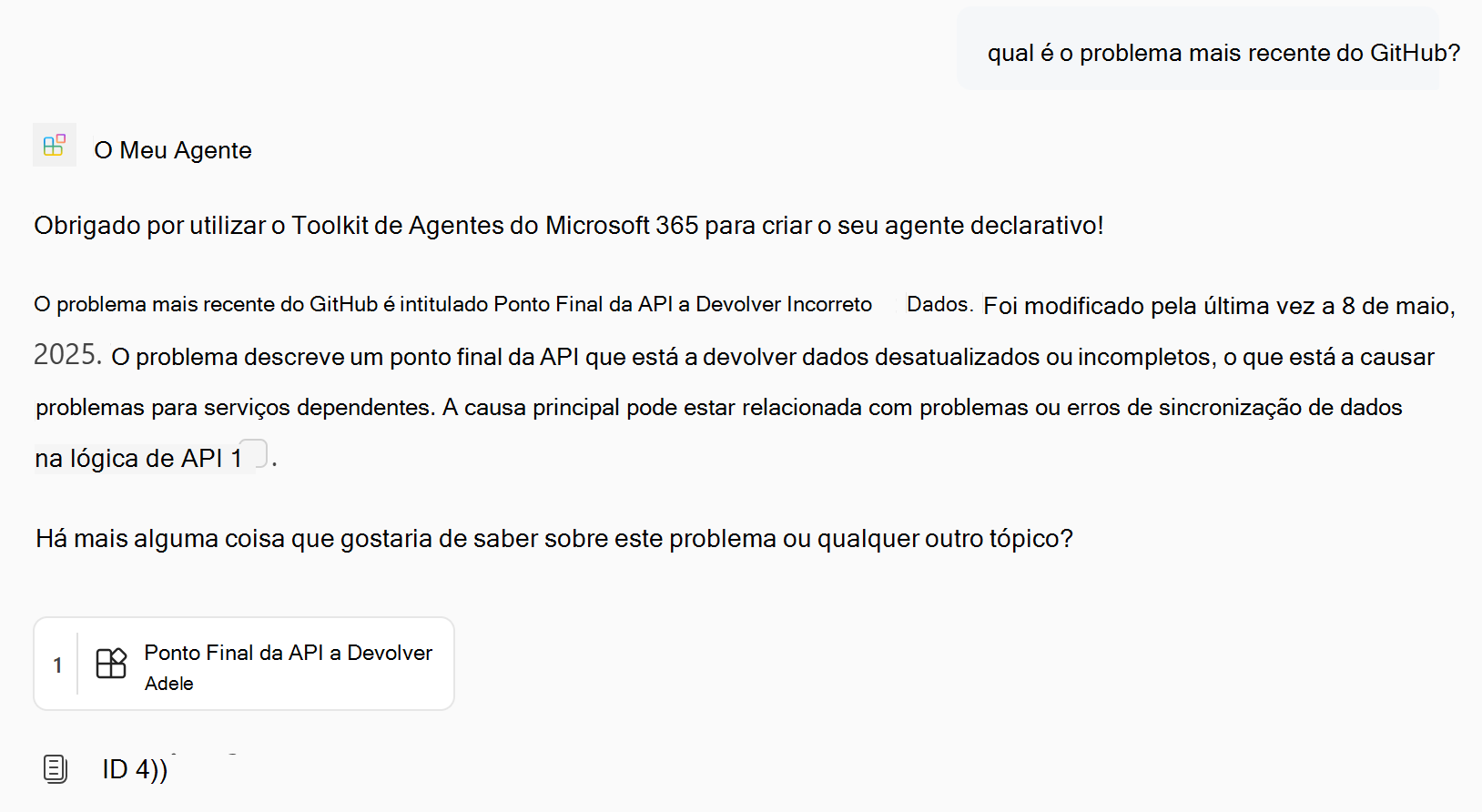 Uma captura de tela mostrando uma resposta do agente declarativo que contém conteúdo do conector do Copilot