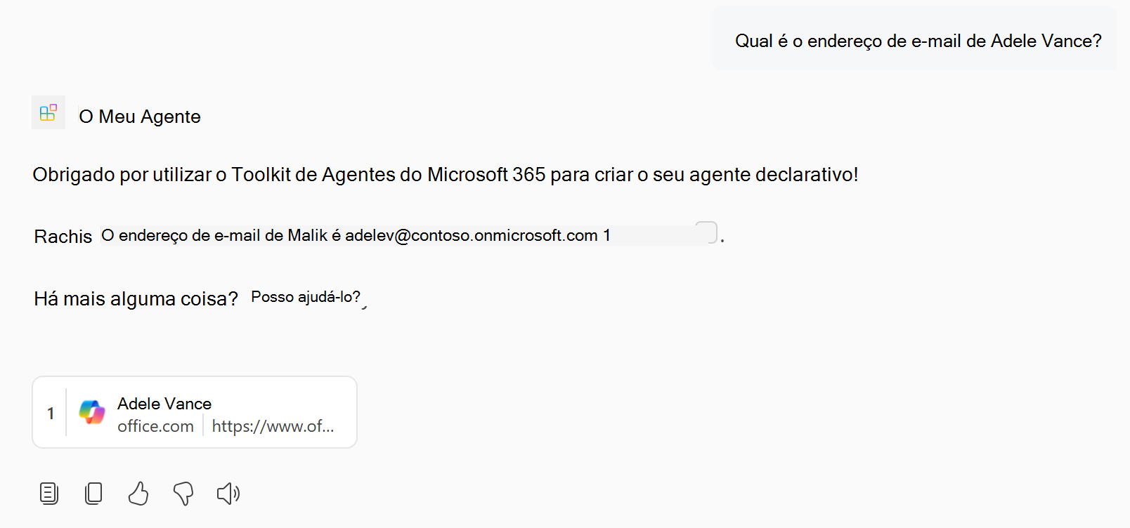 Uma captura de tela mostrando uma resposta do agente declarativo que contém conhecimento de pessoas