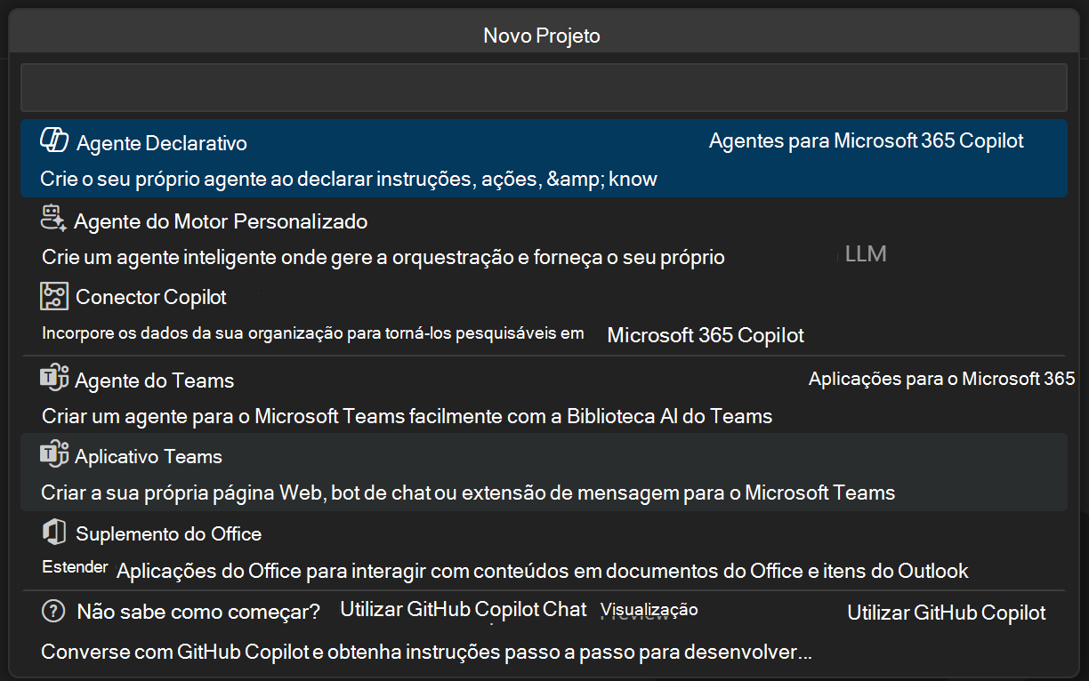 Uma captura de ecrã das opções de Novo Projeto com o Agente selecionado