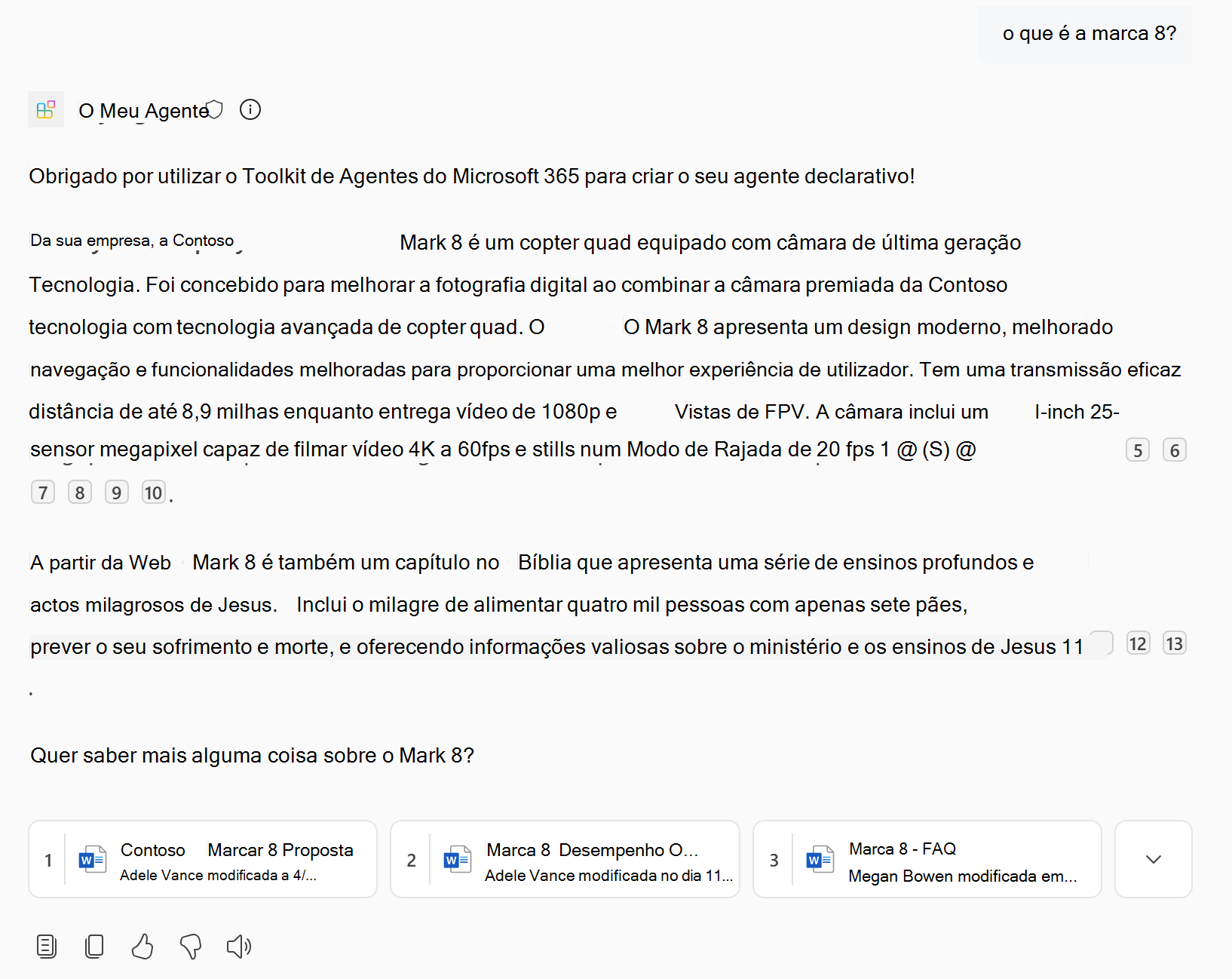 Uma captura de tela mostrando uma resposta do agente declarativo que contém conteúdo do SharePoint e do OneDrive
