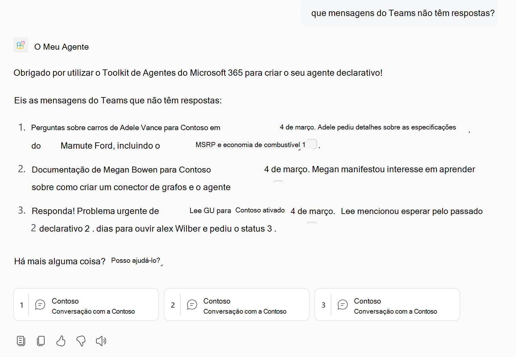 Uma captura de tela mostrando uma resposta do agente declarativo que contém conteúdo do Teams