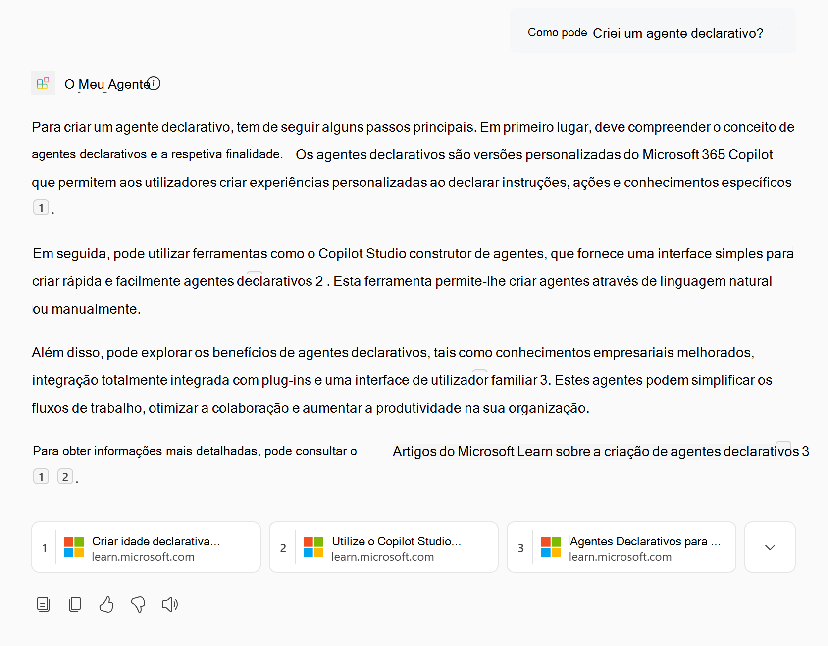Uma captura de tela mostrando uma resposta do agente declarativo que contém conteúdo da Web