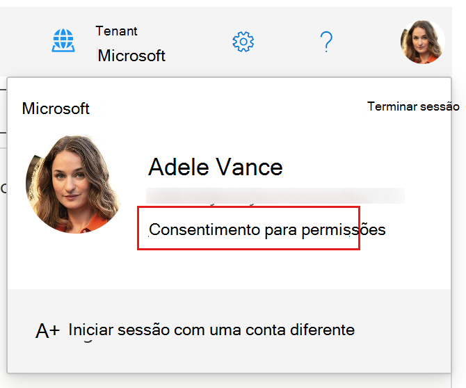 Uma captura de tela do submenu do perfil de usuário no Graph Explorer