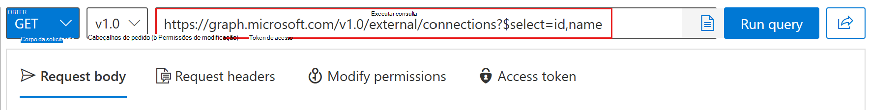 Uma captura de tela do campo de solicitação do Graph Explorer com a consulta de conexões
