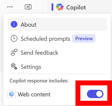 Captura de ecrã do botão de alternar conteúdo Web ativado. O botão de alternar é realçado com uma caixa vermelha.