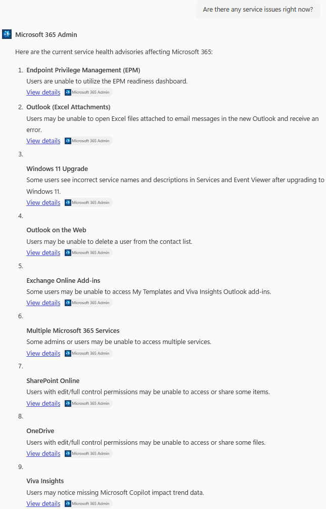 Captura de ecrã da página pedido ao Copilot e resposta a mostrar a pergunta: Existem problemas de serviço neste momento?