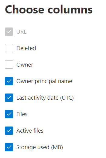 Relatório de utilização do OneDrive – selecione colunas.