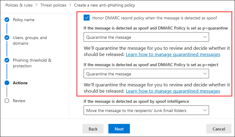 Definições DMARC numa política anti-phishing.