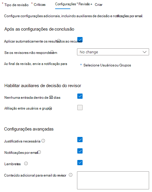 Captura de ecrã a mostrar Microsoft Entra separador definições de revisão de acesso.