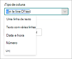 Captura de ecrã da parte Definições avançadas do painel Novo extrator de entidades a mostrar a opção Tipo de coluna.