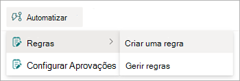 Captura de ecrã da biblioteca de documentos a mostrar a opção Automatizar > Regras > Criar uma regra.