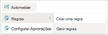 Captura de ecrã da biblioteca de documentos a mostrar a opção Automatizar > Regras > Gerir regras.