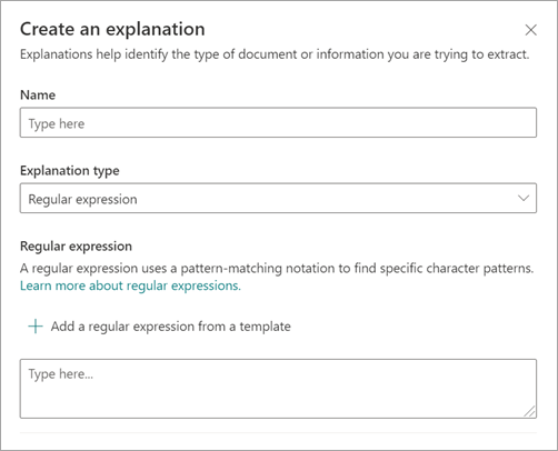 Captura de ecrã a mostrar o painel Criar uma explicação com a opção Expressão Regular selecionada.