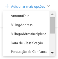 Captura de ecrã a mostrar o menu Adicionar mais opções no painel de consulta de conteúdos.