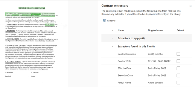 Captura de ecrã a mostrar a página de detalhes do extrator e o painel Extratores.