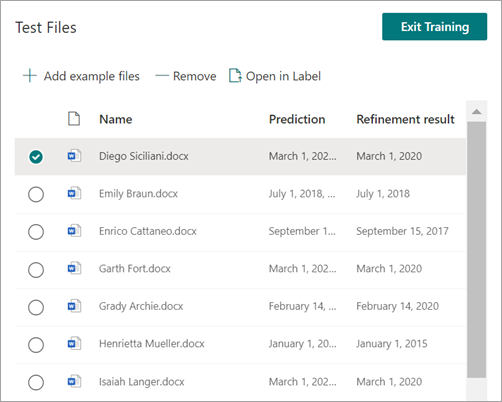 Lista Ficheiros de Teste a mostrar a coluna de resultados Refinamento.