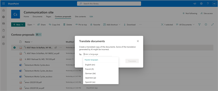 Captura de ecrã a mostrar uma biblioteca de documentos com documentos traduzidos.