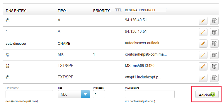 Captura de ecrã a mostrar onde seleciona Adicionar para adicionar um registo MX.