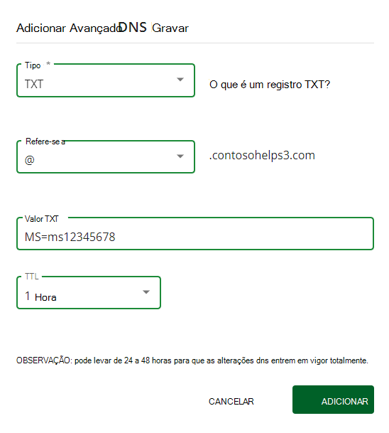Captura de ecrã a mostrar onde seleciona Adicionar para adicionar um registo TXT de verificação de domínio.