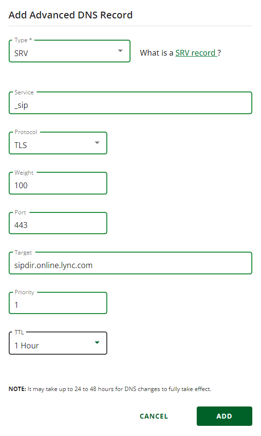 Captura de ecrã a mostrar onde seleciona Adicionar para adicionar um registo SRV.