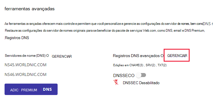 Junto a Registos DNS avançados, selecione GERIR.