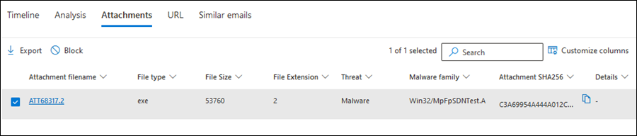 Captura de ecrã da vista Anexos na página da entidade Email.