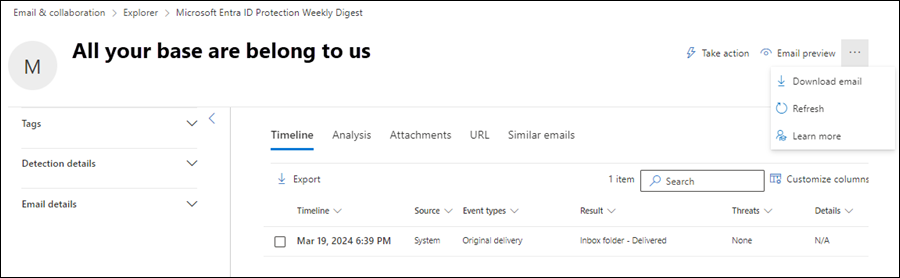 Captura de ecrã da página da entidade Email a mostrar o painel de detalhes e os separadores disponíveis.