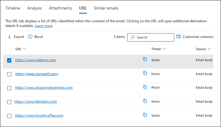 Captura de ecrã a mostrar a vista de URL na página da entidade Email.