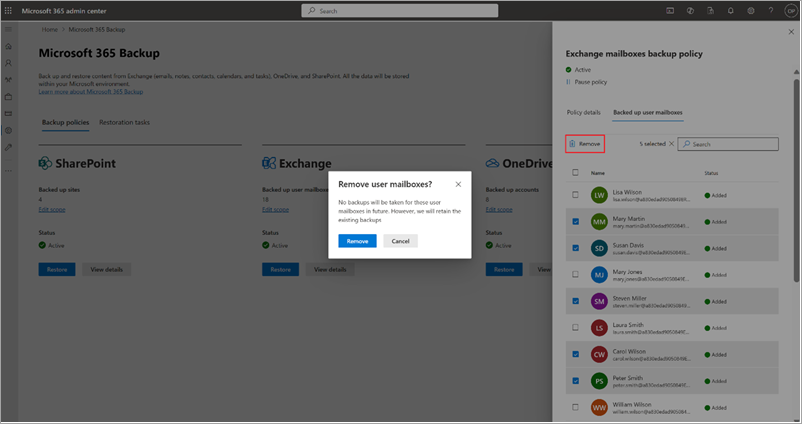Captura de ecrã a mostrar como remover caixas de correio de utilizador da política de cópias de segurança do Exchange no centro de administração do Microsoft 365.