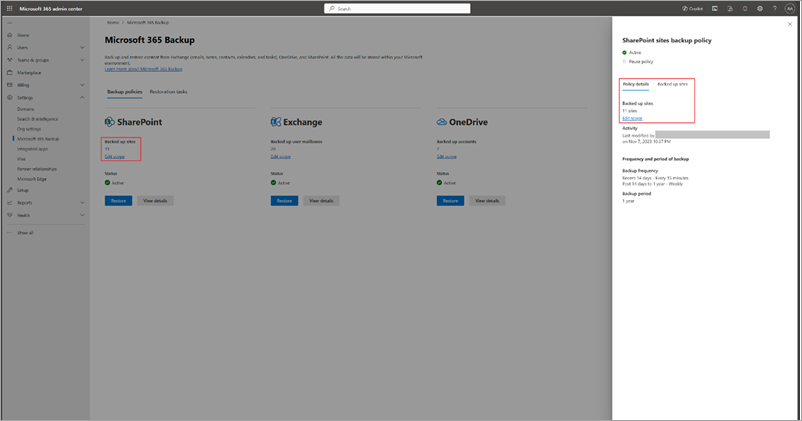 Captura de ecrã a mostrar a política de visualização e edição de cópias de segurança do SharePoint no centro de administração do Microsoft 365.