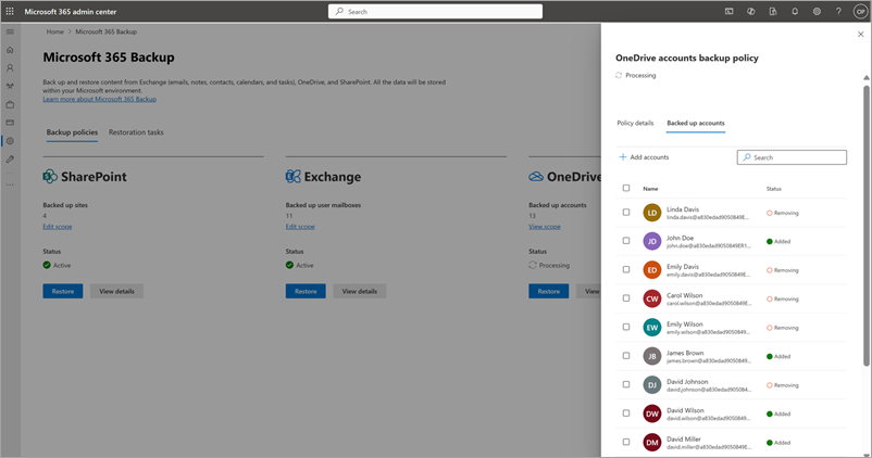 Captura de ecrã do painel de política de cópia de segurança de contas do OneDrive atualizado no centro de administração do Microsoft 365.