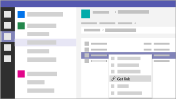 Diagrama de uma janela do Microsoft Teams a mostrar o separador Ficheiros e a ligação Obter no menu.