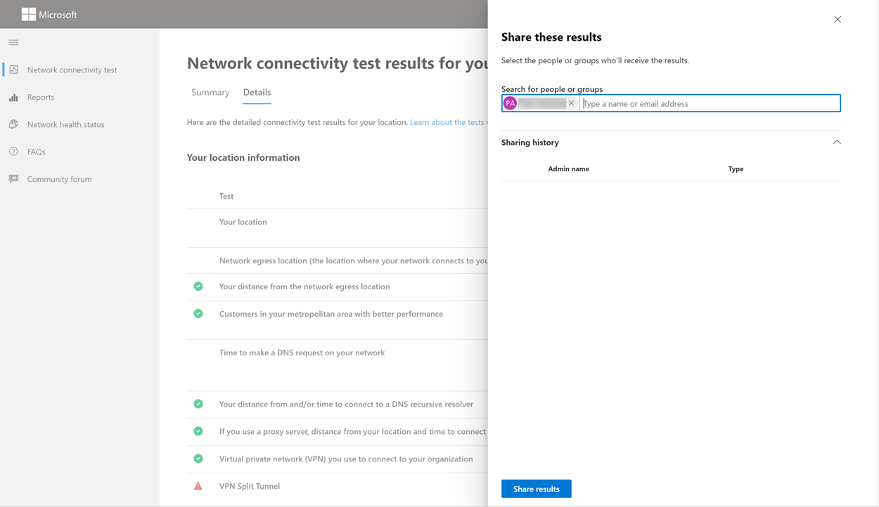 Partilhar uma ligação para os resultados do teste com um utilizador.