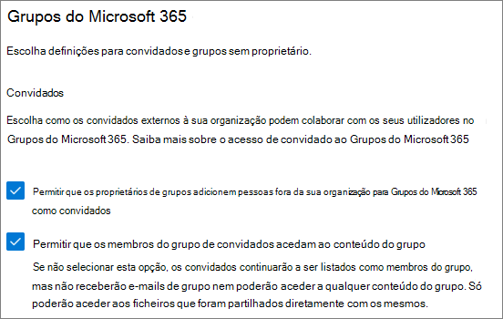 Captura de ecrã a mostrar as definições de convidado dos Grupos do Microsoft 365 no centro de administração do Microsoft 365.