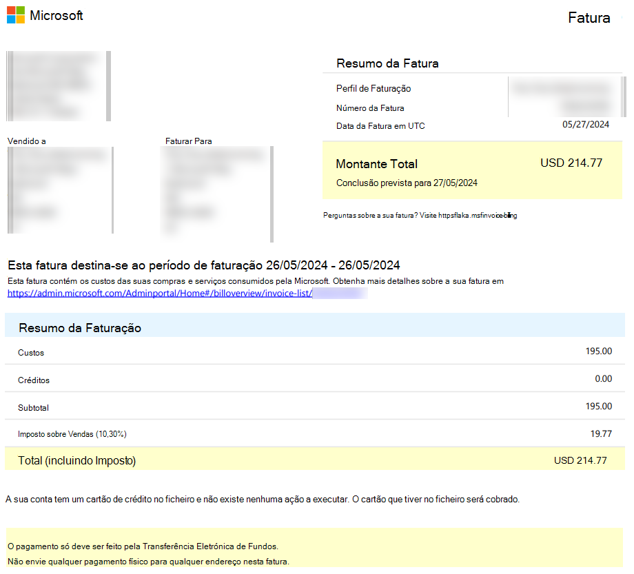 Página um da fatura .PDF que mostra as informações de alto nível sobre a sua encomenda