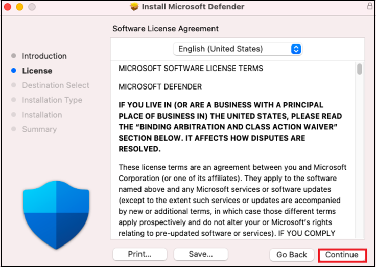 Captura de ecrã que mostra o Contrato de Licença de Software.