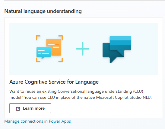 Captura de tela mostrando a área Reconhecimento de linguagem natural da página Configurações de idioma, quando seu ambiente do Copilot Studio não está conectado ao Serviço Cognitivo do Azure para Linguagem.