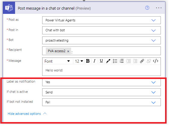 Painel de opções expandido no conector.