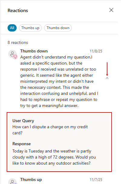 Captura de ecrã do comutador expandir/fechar no painel Reações, mostrando a consulta do utilizador e a resposta.