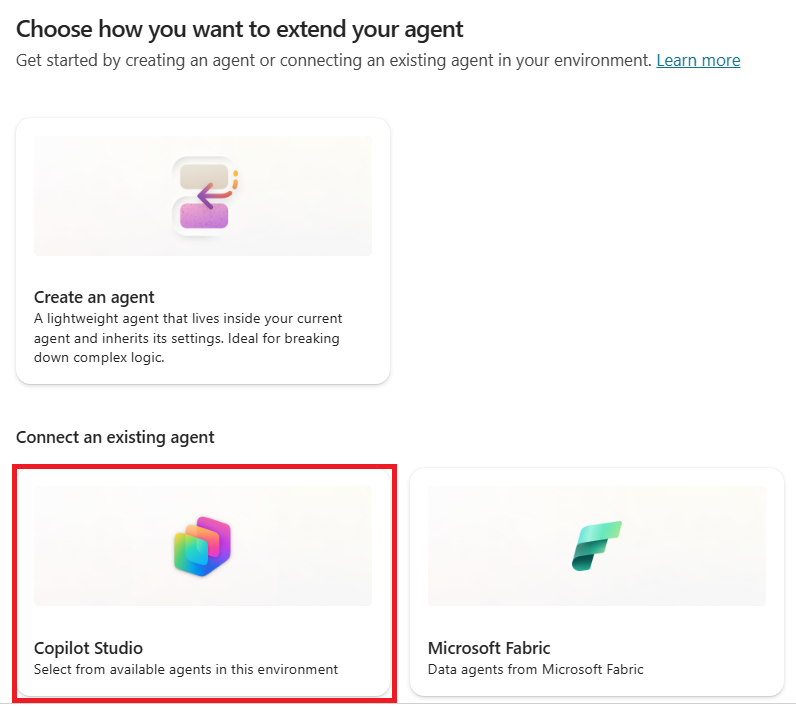 Captura de ecrã a mostrar a opção de adicionar agente do Copilot Studio