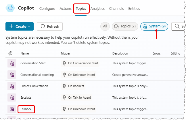 Captura de tela mostrando onde o tópico de fallback do sistema está localizado.