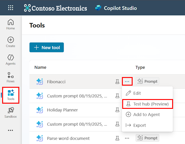 Captura de ecrã do menu com a opção 'Test hub - Preview'.