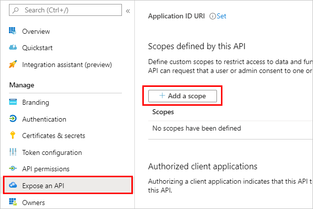 Captura de tela mostrando Expor uma API e Adicionar um escopo.