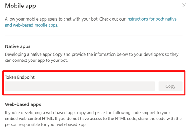 Captura de ecrã da cópia do URL do ponto final do token no Copilot Studio.
